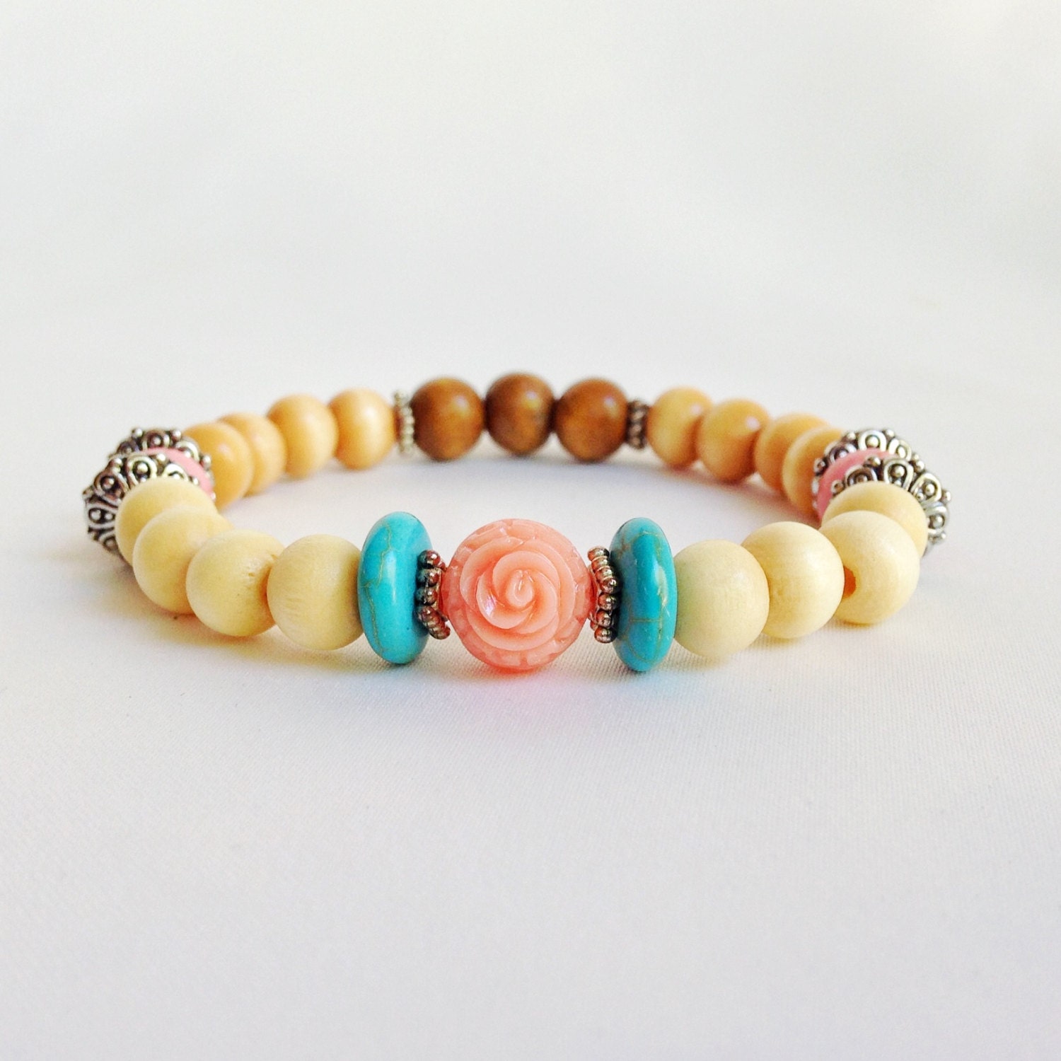 Chunky Holzperlen Armband Boho Pink Rose, Türkis Edelstein von LittleRabbitJewelry