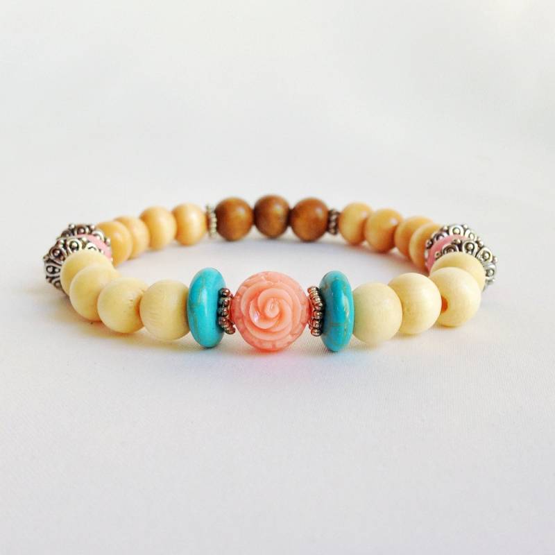 Chunky Holzperlen Armband Boho Pink Rose, Türkis Edelstein Chunky Holzperlen Armband Boho Pink Rose, Türkis Edelstein von LittleRabbitJewelry