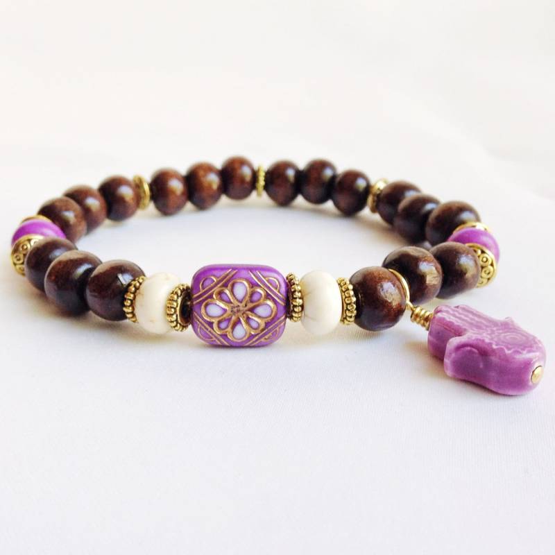 Lila Hamsa Hand Armband Holzperlen Boho Stacking Schmuck Lila Hamsa Hand Armband Holzperlen Boho Stacking Schmuck von LittleRabbitJewelry