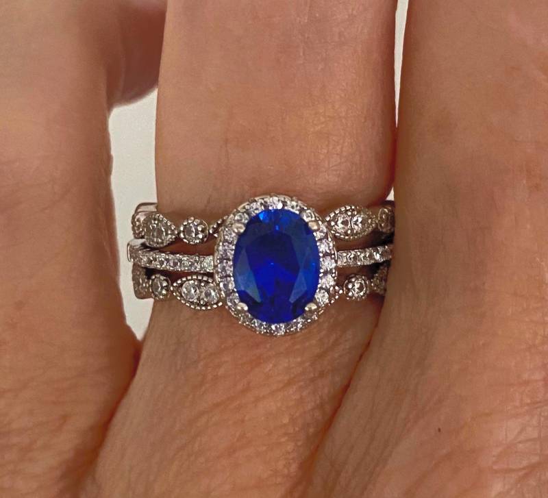 Oval Saphir Verlobungsring Set Sterling Silber Halo, Diamantsimulanten Oval Saphir Verlobungsring Set Sterling Silber Halo, Diamantsimulanten von LittleSAS