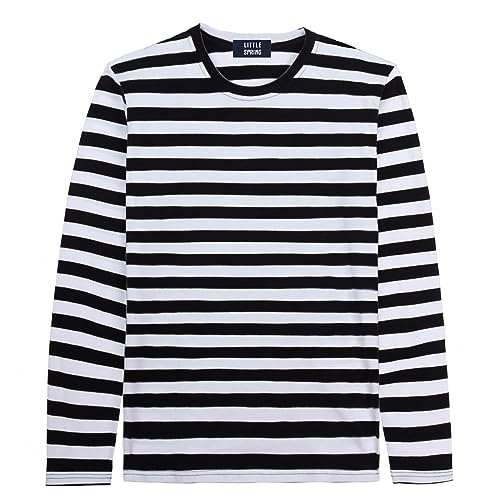 LittleSpring Herren Langarm Rundhals Streifen Baumwolle T-Shirts, schwarz und weiß, XL von LittleSpring