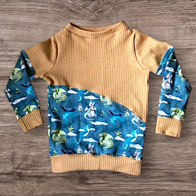 Gr. 98 -Hoodie/Pullover, Drachen, Senfgelb, Blau von Littlehandmadethinxx