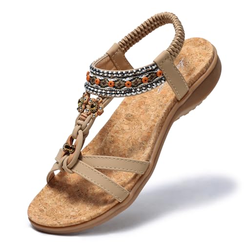 Littleplum Damen Sandalen Freizeit Flach Sandalette mit Strass Perlen Bohemia Strand Schuhe SKT8627E,A Beige 40 EU von Littleplum