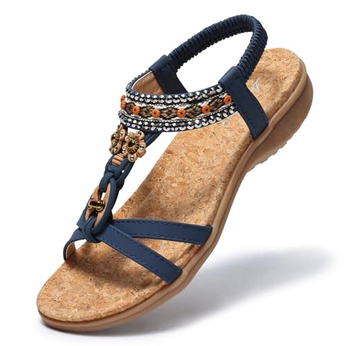 Littleplum Damen Sandalen Freizeit Flach Sandalette mit Strass Perlen Bohemia Strand Schuhe SKT8627E,A Blau 41 EU von Littleplum