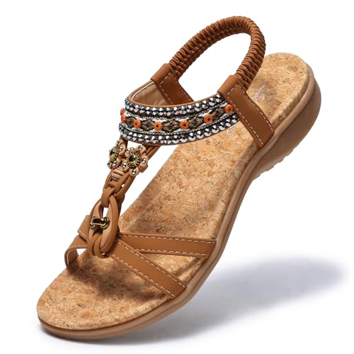 Littleplum Damen Sandalen Freizeit Flach Sandalette mit Strass Perlen Bohemia Strand Schuhe SKT8627E,A Braun 39 EU von Littleplum