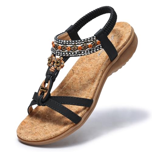Littleplum Damen Sandalen Freizeit Flach Sandalette mit Strass Perlen Bohemia Strand Schuhe DS-SKT8627E,A Schwarz 37 EU von Littleplum