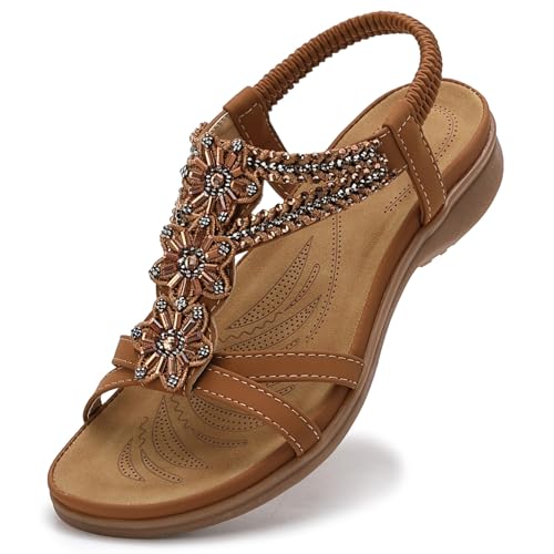 Littleplum Damen Sandalen Sommer Flach Sandalette Bohemia Strand Sandalen,Braun,41 EU von Littleplum