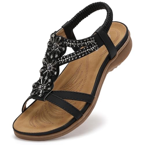 Littleplum Damen Sandalen Sommer Flach Sandalette Bohemia Strand Sandalen,Schwarz,37 EU von Littleplum