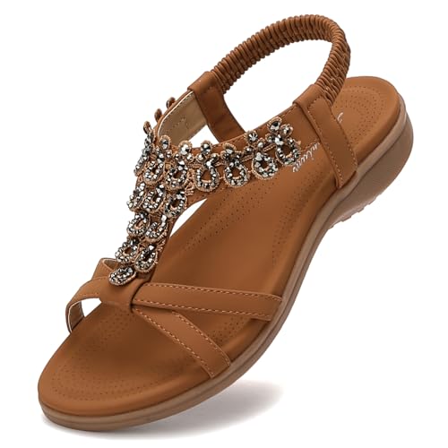 Littleplum Damen Sandalen Sommer Freizeit Flach Sandalette mit Strass Perlen Bohemia Strand Schuhe,A Braun 41 EU von Littleplum
