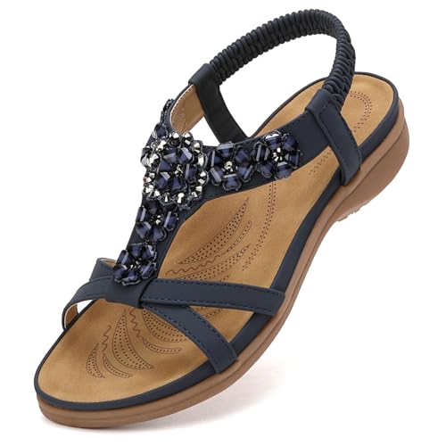 Littleplum Sandalen Damen Flache Bohemian Sandaletten mit Strass Perlen Damen Sandalen,Navy Blau,38 EU von Littleplum
