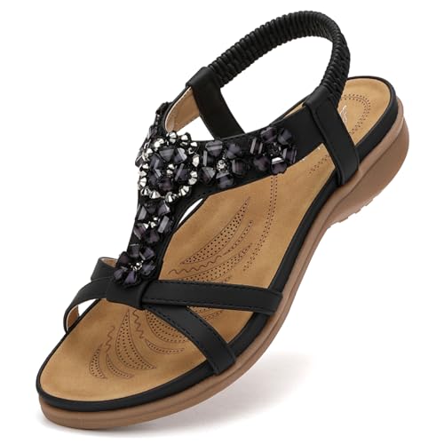 Littleplum Sandalen Damen Flache Bohemian Sandaletten mit Strass Perlen Damen Sandalen,Mattschwarz,40 EU von Littleplum