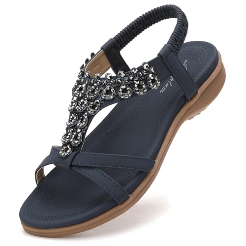 Littleplum Sandalen Damen Freizeit Flach Sandalette Handarbeit mit Strass Perlen BohemiW Strand Schuhe,W Blau 38 EU von Littleplum