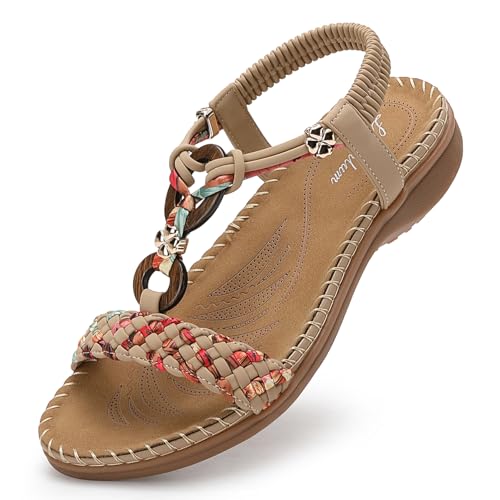 Littleplum Sandalen Damen Freizeit Flach Sandalette Handarbeit mit Strass Perlen Bohemia Strand Schuhe,A Beige 41 EU von Littleplum