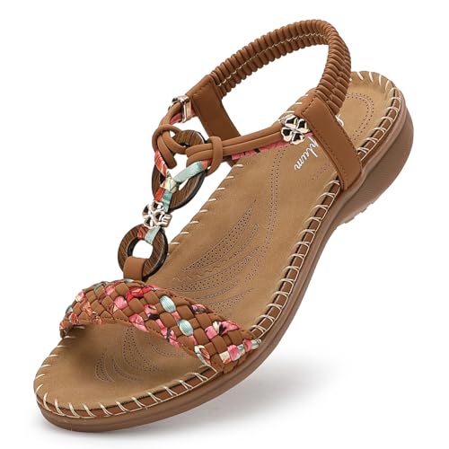 Littleplum Sandalen Damen Freizeit Flach Sandalette Handarbeit mit Strass Perlen Bohemia Strand Schuhe,A Braun 37 EU von Littleplum