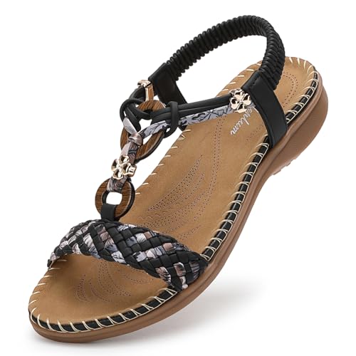 Littleplum Sandalen Damen Freizeit Flach Sandalette Handarbeit mit Strass Perlen Bohemia Strand Schuhe,A Schwarz 42 EU von Littleplum