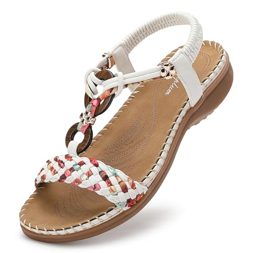 Littleplum Sandalen Damen Freizeit Flach Sandalette Handarbeit mit Strass Perlen Bohemia Strand Schuhe,A Weiß 39 EU Littleplum Sandalen Damen Freizeit Flach Sandalette Handarbeit mit Strass Perlen Bohemia Strand Schuhe,A Weiß 39 EU von Littleplum