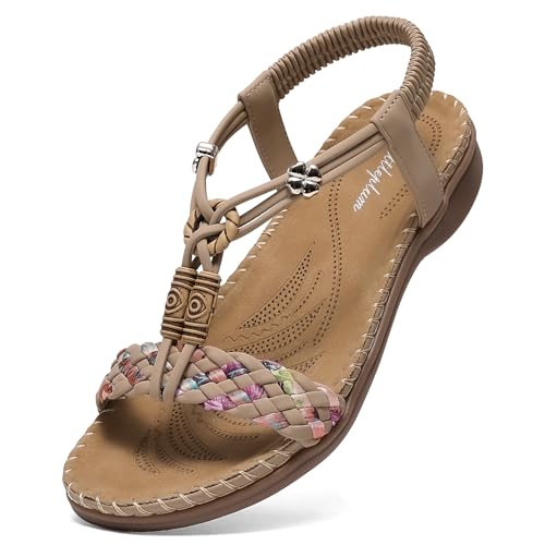 Littleplum Sandalen Damen Freizeit Flach Sandalette Handarbeit mit Strass Perlen Bohemia Strand Schuhe,B Beige 37 EU von Littleplum