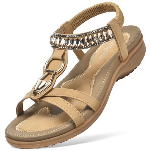 Littleplum Sandalen Damen Freizeit Flach Sandalette Handarbeit mit Strass Perlen Bohemia Strand Schuhe,B Beige 42 EU von Littleplum