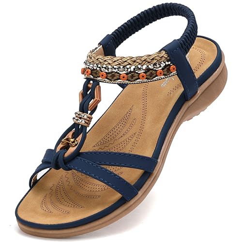 Littleplum Sandalen Damen Freizeit Flach Sandalette Handarbeit mit Strass Perlen Bohemia Strand Schuhe,B Blau 38 EU von Littleplum