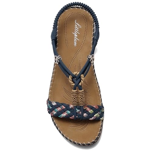 Littleplum Sandalen Damen Freizeit Flach Sandalette Handarbeit mit Strass Perlen Bohemia Strand Schuhe,B Blau 39 EU von Littleplum