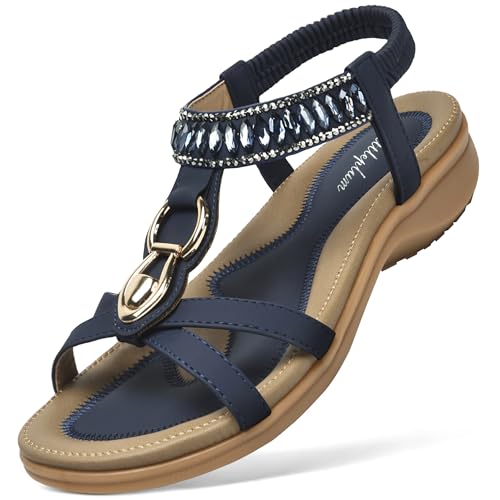 Littleplum Sandalen Damen Freizeit Flach Sandalette Handarbeit mit Strass Perlen Bohemia Strand Schuhe,B Blau 42 EU von Littleplum