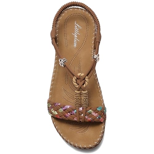 Littleplum Sandalen Damen Freizeit Flach Sandalette Handarbeit mit Strass Perlen Bohemia Strand Schuhe,B Braun 42 EU von Littleplum