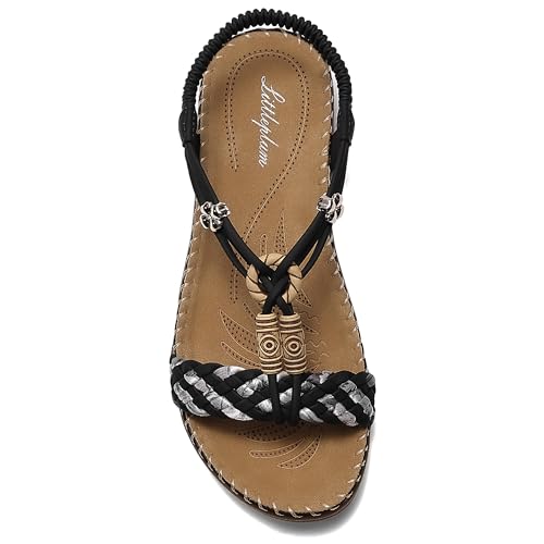 Littleplum Sandalen Damen Freizeit Flach Sandalette Handarbeit mit Strass Perlen Bohemia Strand Schuhe,B Schwarz 40 EU von Littleplum