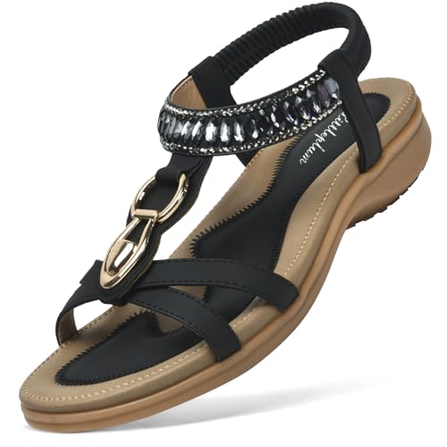 Littleplum Sandalen Damen Freizeit Flach Sandalette Handarbeit mit Strass Perlen Bohemia Strand Schuhe,B Schwarz 41 EU von Littleplum