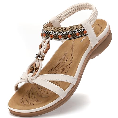 Littleplum Sandalen Damen Freizeit Flach Sandalette Handarbeit mit Strass Perlen Bohemia Strand Schuhe,B Weiß 38 EU von Littleplum