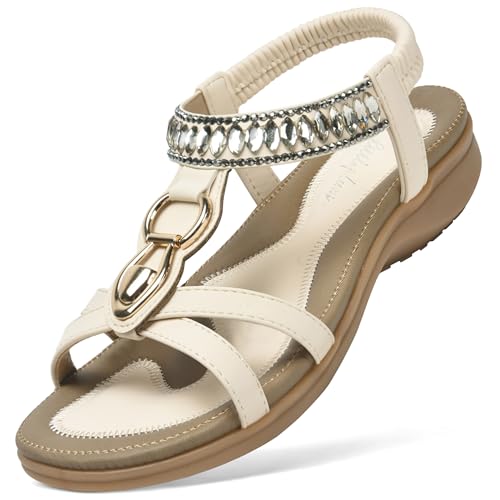 Littleplum Sandalen Damen Freizeit Flach Sandalette Handarbeit mit Strass Perlen Bohemia Strand Schuhe,B Weiß 38 EU von Littleplum