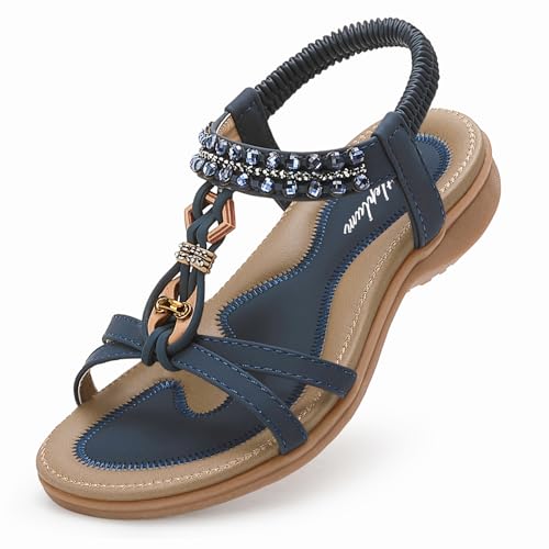 Littleplum Sandalen Damen Freizeit Flach Sandalette Handarbeit mit Strass Perlen Bohemia Strand Schuhe,W Blau 39 EU von Littleplum