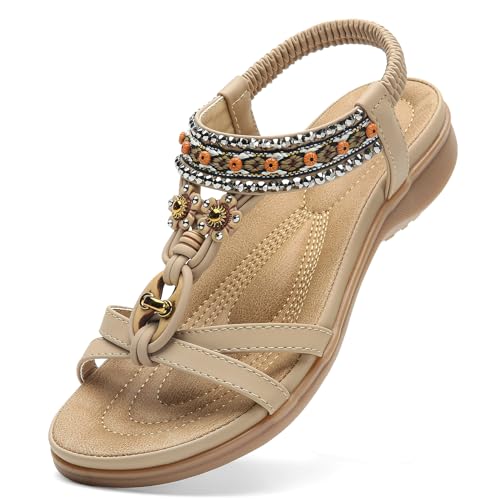 Littleplum Sandalen Damen Freizeit Flach Sandalette mit Strass Perlen Bohemia Strand Schuhe Casual Ankle Elastic Flip Flops,A Beige 38 EU von Littleplum