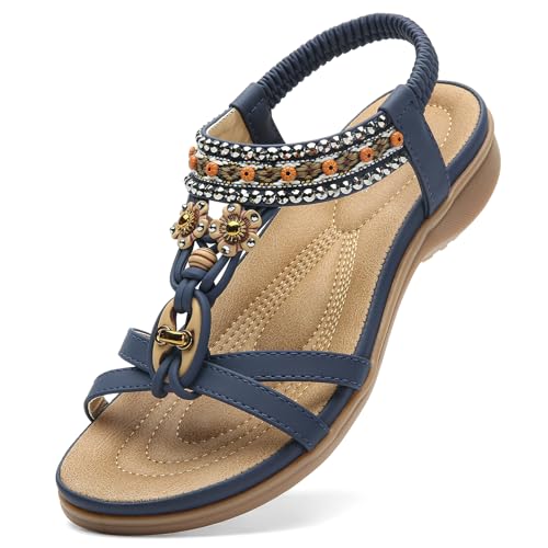 Littleplum Sandalen Damen Freizeit Flach Sandalette mit Strass Perlen Bohemia Strand Schuhe Casual Ankle Elastic Flip Flops,A Blau 42 EU von Littleplum