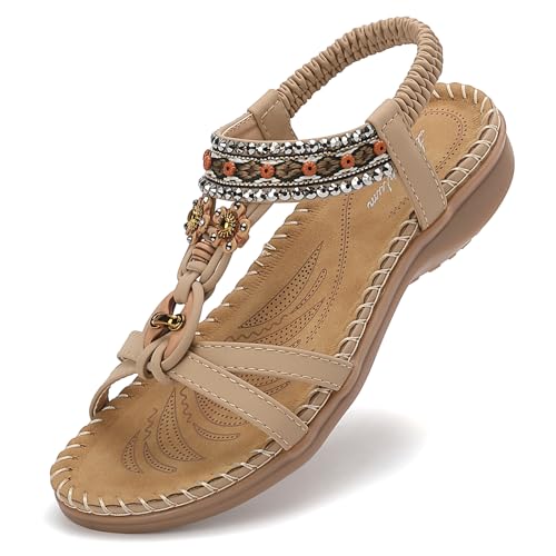 Littleplum Sandalen Damen Sommer Freizeit Flache Sandalette Bohemia Sandals mit Strass Perlen Freizeit Elegant Strand Schuhe,B Beige 38 EU von Littleplum