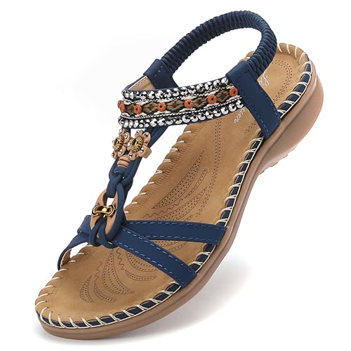 Littleplum Sandalen Damen Sommer Freizeit Flache Sandalette Bohemia Sandals mit Strass Perlen Freizeit Elegant Strand Schuhe,B Blau 42 EU von Littleplum