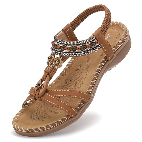 Littleplum Sandalen Damen Sommer Freizeit Flache Sandalette Bohemia Sandals mit Strass Perlen Freizeit Elegant Strand Schuhe,B Braun 38 EU von Littleplum
