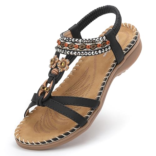 Littleplum Sandalen Damen Sommer Freizeit Flache Sandalette Bohemia Sandals mit Strass Perlen Freizeit Elegant Strand Schuhe,B Schwarz 40 EU von Littleplum
