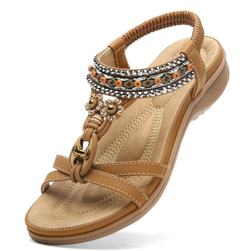 Littleplum Sandalen Damen Freizeit Flach Sandalette mit Strass Perlen Bohemia Strand Schuhe Casual Ankle Elastic Flip Flops,A Braun 41 EU von Littleplum