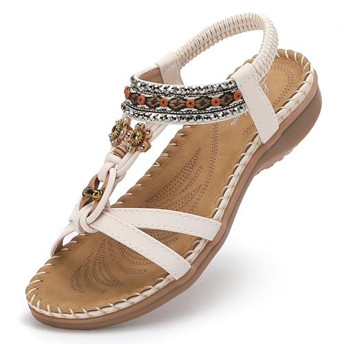 Littleplum Sandalen Damen Freizeit Flach Sandalette mit Strass Perlen Bohemia Strand Schuhe Casual Ankle Elastic Flip Flops,B Weiß 43 EU von Littleplum