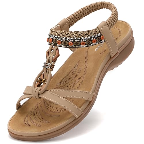 Littleplum Sandalen Damen Freizeit Flach Sandalette Handarbeit mit Strass Perlen Bohemia Strand Schuhe,B Beige 38 EU von Littleplum
