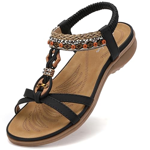Littleplum Sandalen Damen Freizeit Flach Sandalette Handarbeit mit Strass Perlen Bohemia Strand Schuhe,B Schwarz 40 EU von Littleplum