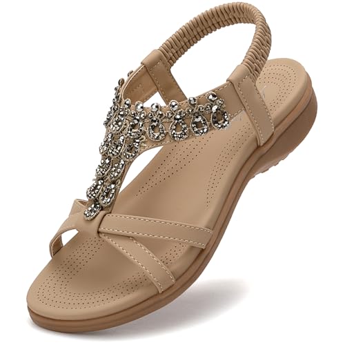 Littleplum Damen Sandalen Sommer Freizeit Flach Sandalette mit Strass Perlen Bohemia Strand Schuhe,A Beige 38 EU von Littleplum