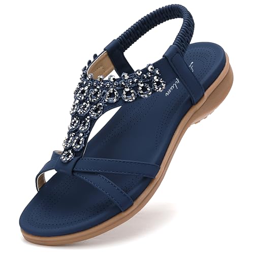 Littleplum Damen Sandalen Sommer Freizeit Flach Sandalette mit Strass Perlen Bohemia Strand Schuhe,A Blau 41 EU von Littleplum