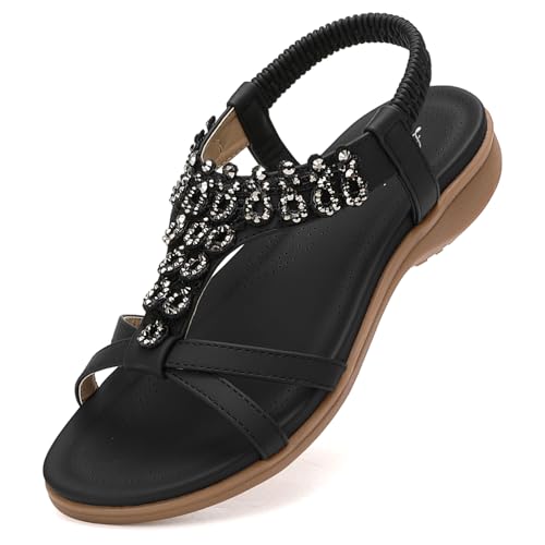 Littleplum Damen Sandalen Sommer Freizeit Flach Sandalette mit Strass Perlen Bohemia Strand Schuhe,A Schwarz 39 EU Littleplum Damen Sandalen Sommer Freizeit Flach Sandalette mit Strass Perlen Bohemia Strand Schuhe,A Schwarz 39 EU von Littleplum