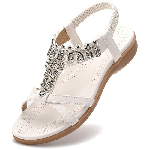 Littleplum Damen Sandalen Sommer Freizeit Flach Sandalette mit Strass Perlen Bohemia Strand Schuhe,A Weiß 42 EU von Littleplum