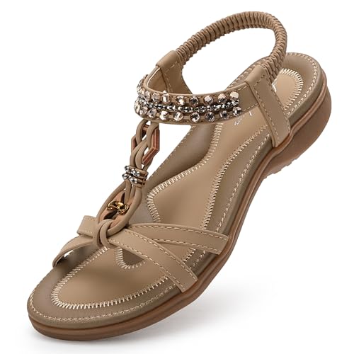 Littleplum Sandalen Damen Sommer Flache Sandalette Bohemia Sandals mit Strass Perlen Freizeit Damen Strand Schuhe Sandalen, 23-Beige,37 EU von Littleplum