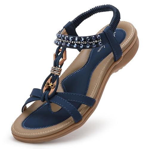 Littleplum Sandalen Damen Sommer Flache Sandalette Bohemia Sandals mit Strass Perlen Freizeit Damen Strand Schuhe Sandalen, 23-Blau, 42 EU von Littleplum
