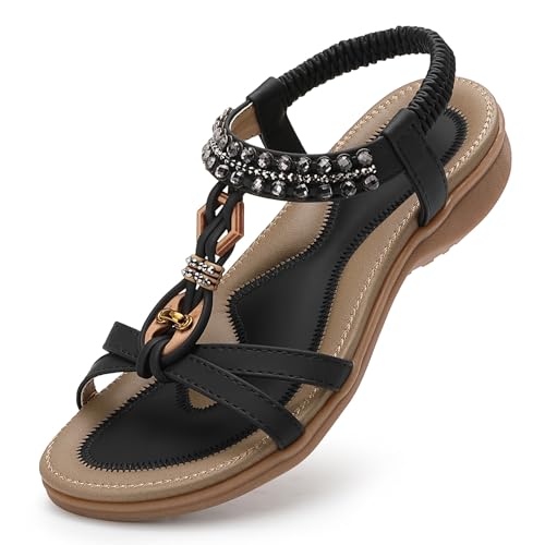 Littleplum Sandalen Damen Sommer Flache Sandalette Bohemia Sandals mit Strass Perlen Freizeit Damen Strand Schuhe Sandalen, 23-Schwarz, 39 EU von Littleplum