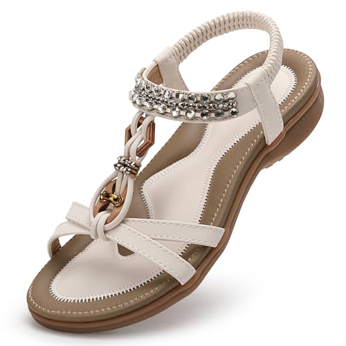 Littleplum Sandalen Damen Sommer Flache Sandalette Bohemia Sandals mit Strass Perlen Freizeit Damen Strand Schuhe Sandalen, 23-Weiß, 42 EU von Littleplum