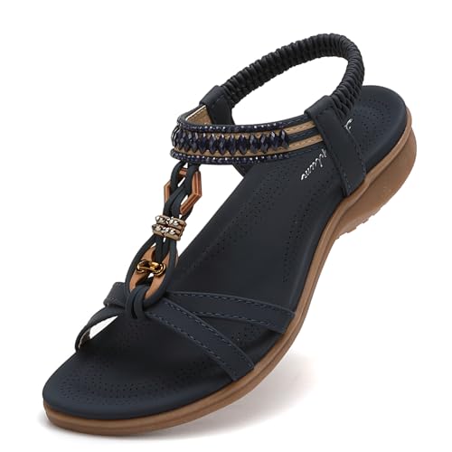 Littleplum Sandalen Damen Sommer Sandaletten Strand Zehentrenner Bohemian Flip Flops(Blau,38EU) von Littleplum